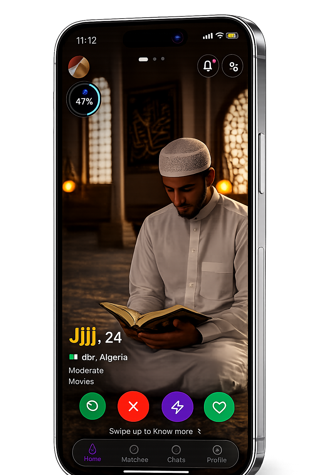 Methna home screen mockup with a Muslim man reading Quran
